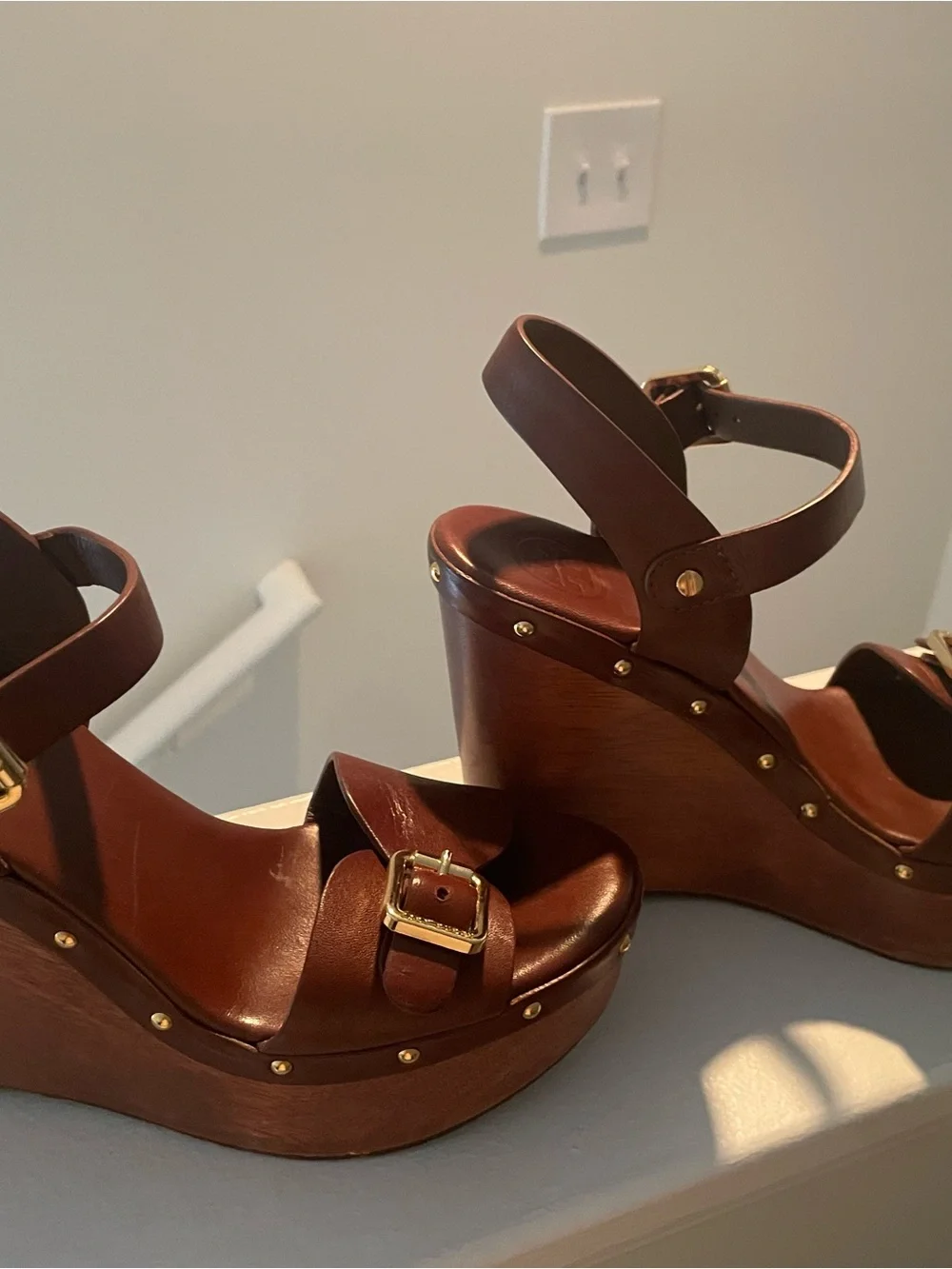 Tory Burch Brown Leather Wedge Sandals with Buckle